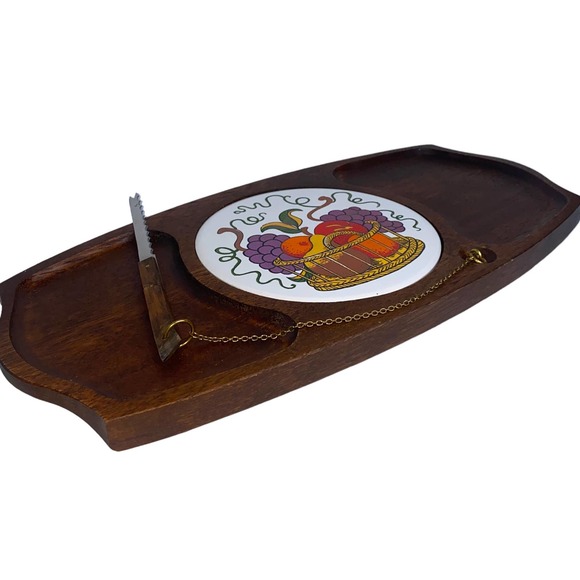 Vintage Gail Craft Quality Woodenware Fruit & Cheese Board w Attached Knife EUC - Picture 4 of 10